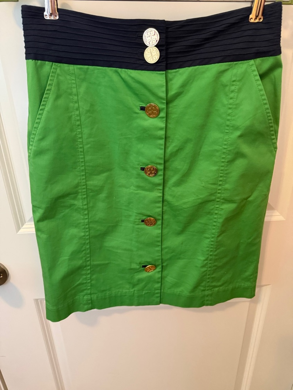 Tory Burch Green Pencil Skirt with Navy Waistband and Gold Buttons